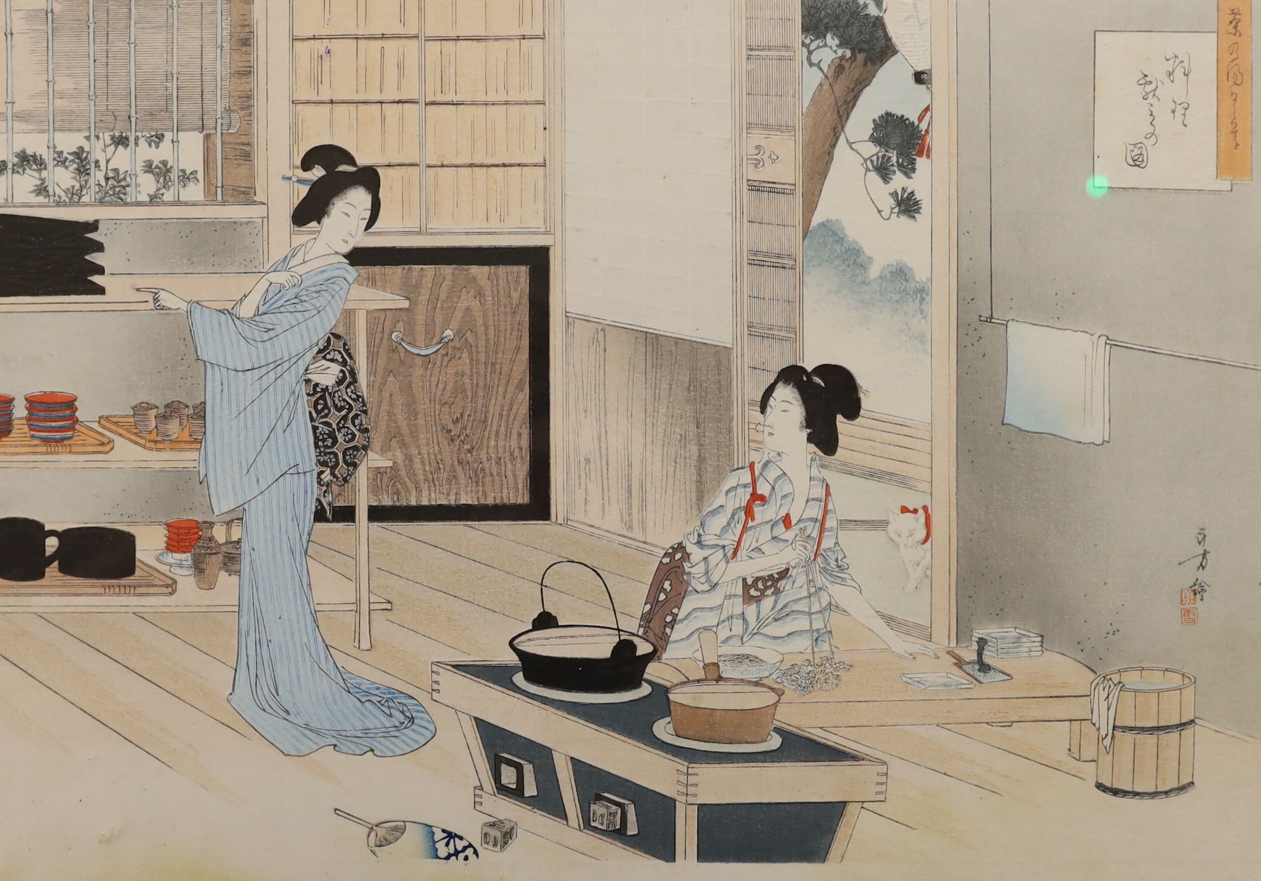 Kunichika (1835-1905), woodblock print, Actors holding a letter, 35 x 25cm with ten other assorted woodblock prints